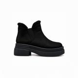 Black Suede Teddy Puffer Boots side view – chunky platform sole – ECADRA