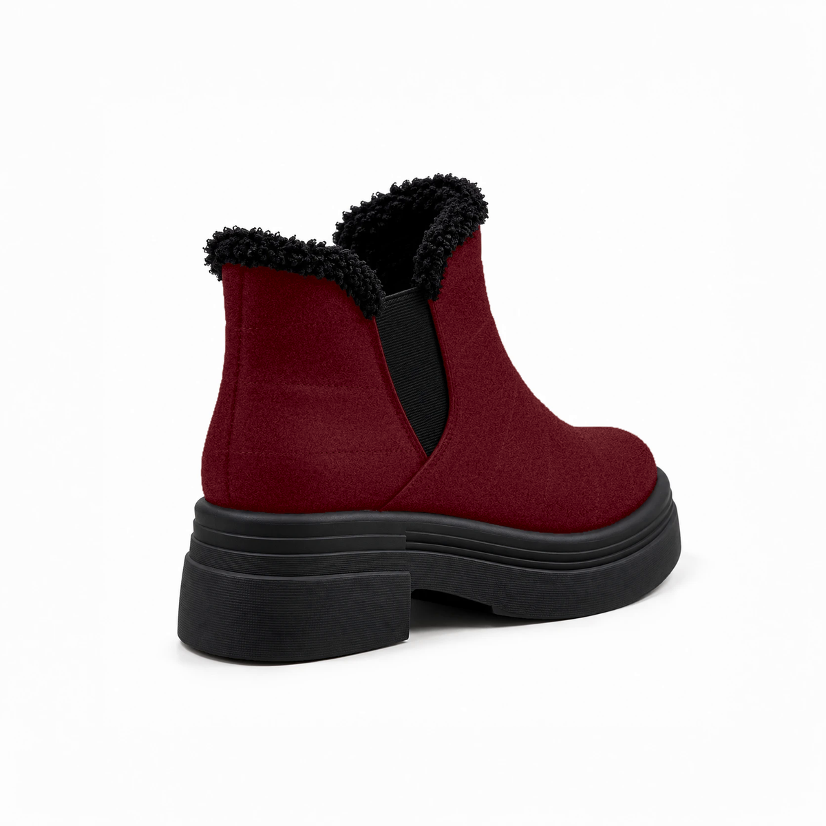 Burgundy Suede Teddy Puffer Boots back view – faux-fur collar – ECADRA