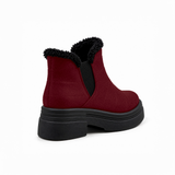 Burgundy Suede Teddy Puffer Boots back view – faux-fur collar – ECADRA