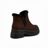 Chocolate Suede Teddy Puffer Boots back view – faux-fur collar – ECADRA