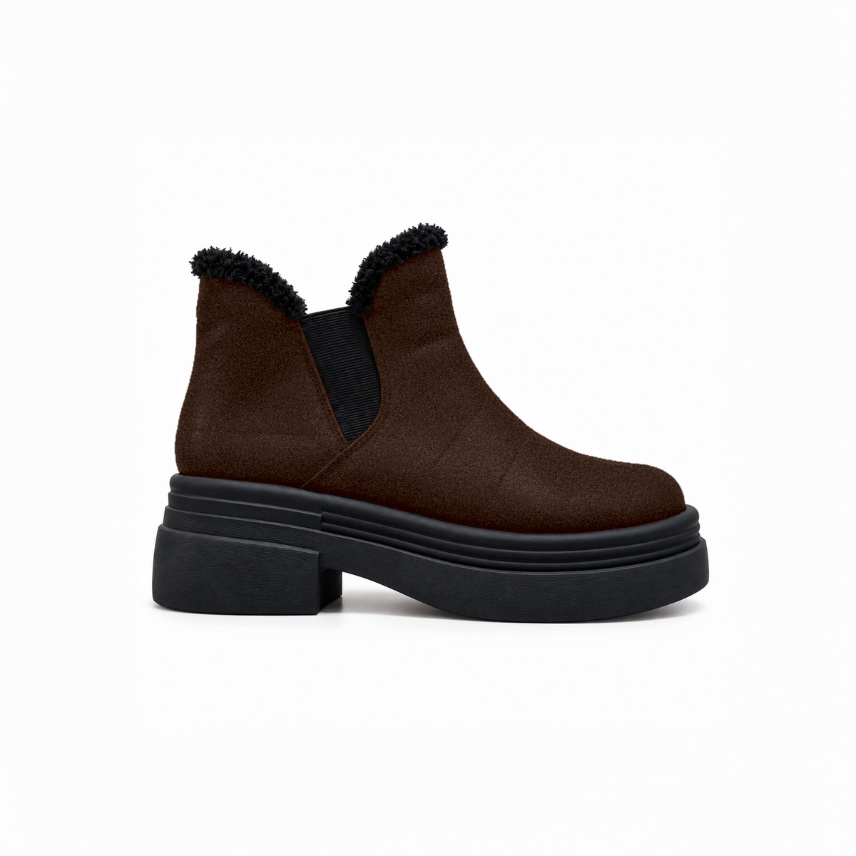 Chocolate Suede Teddy Puffer Boots side view – chunky platform sole – ECADRA