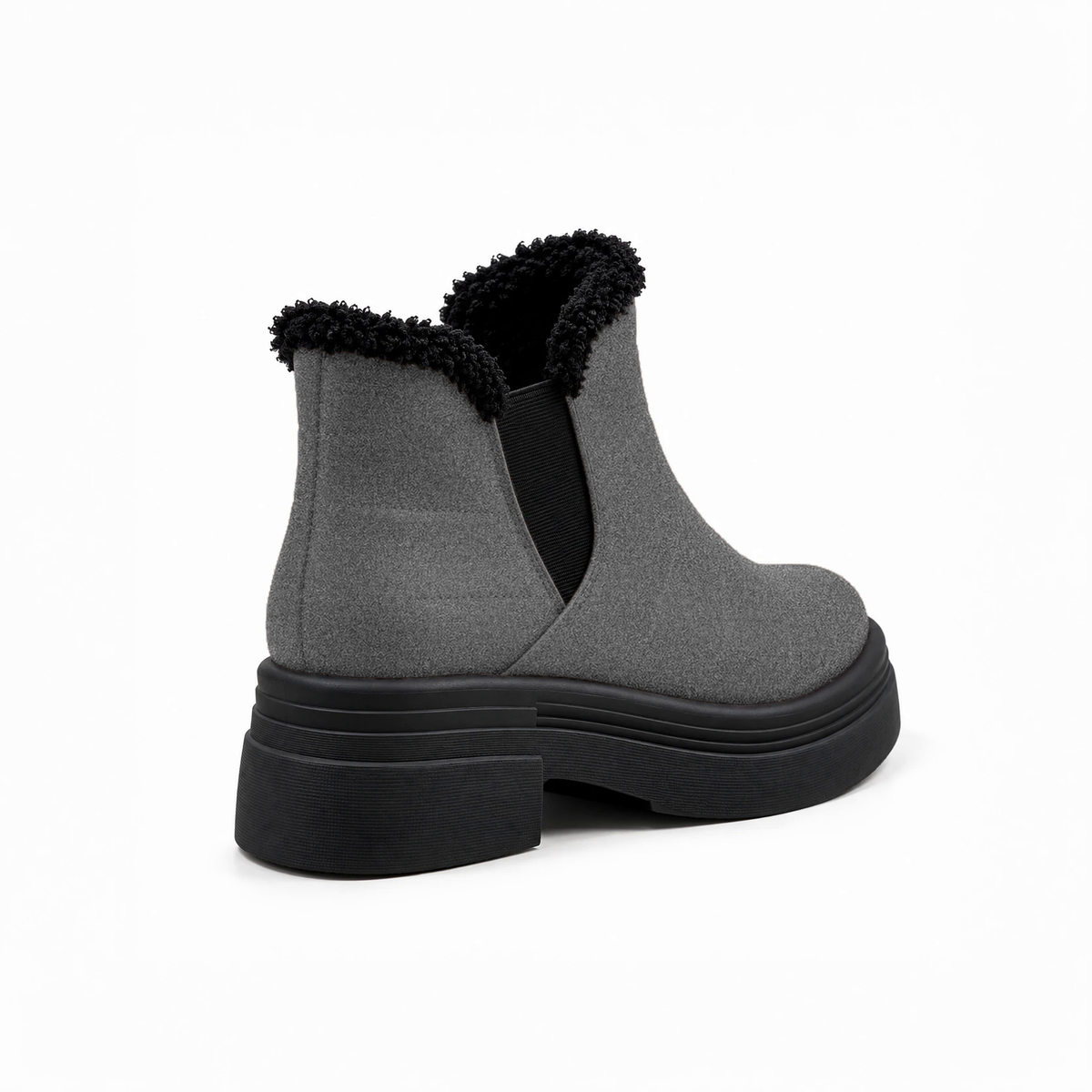 Gray Suede Teddy Puffer Boots back view – faux-fur collar – ECADRA