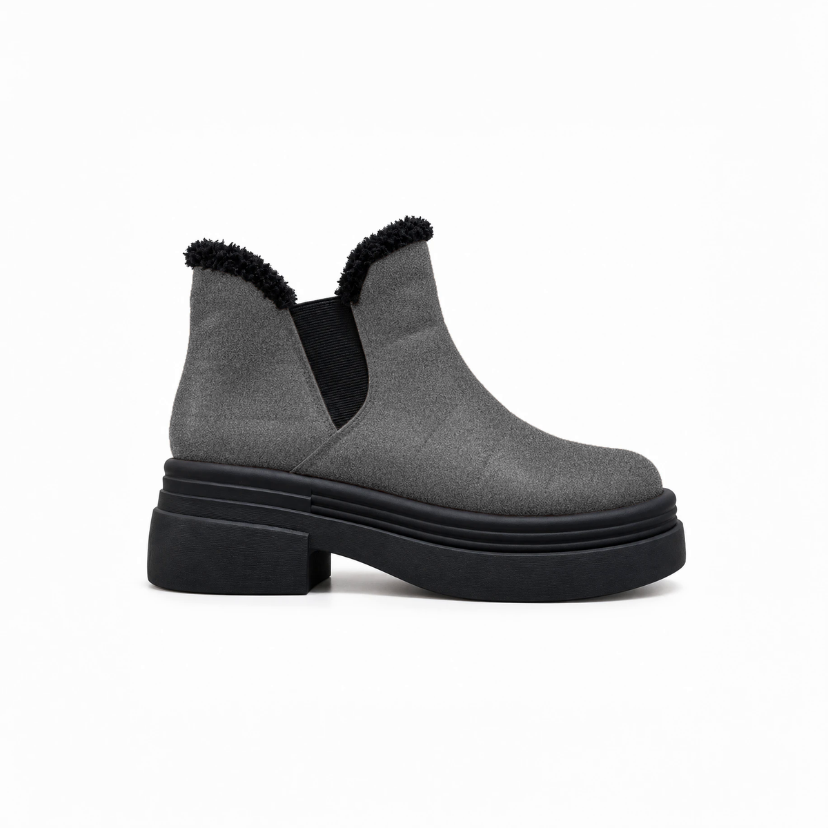 Gray Suede Teddy Puffer Boots side view – chunky platform sole – ECADRA