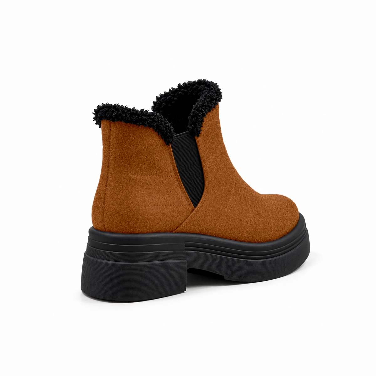 Havana Suede Teddy Puffer Boots back view – faux-fur collar – ECADRA