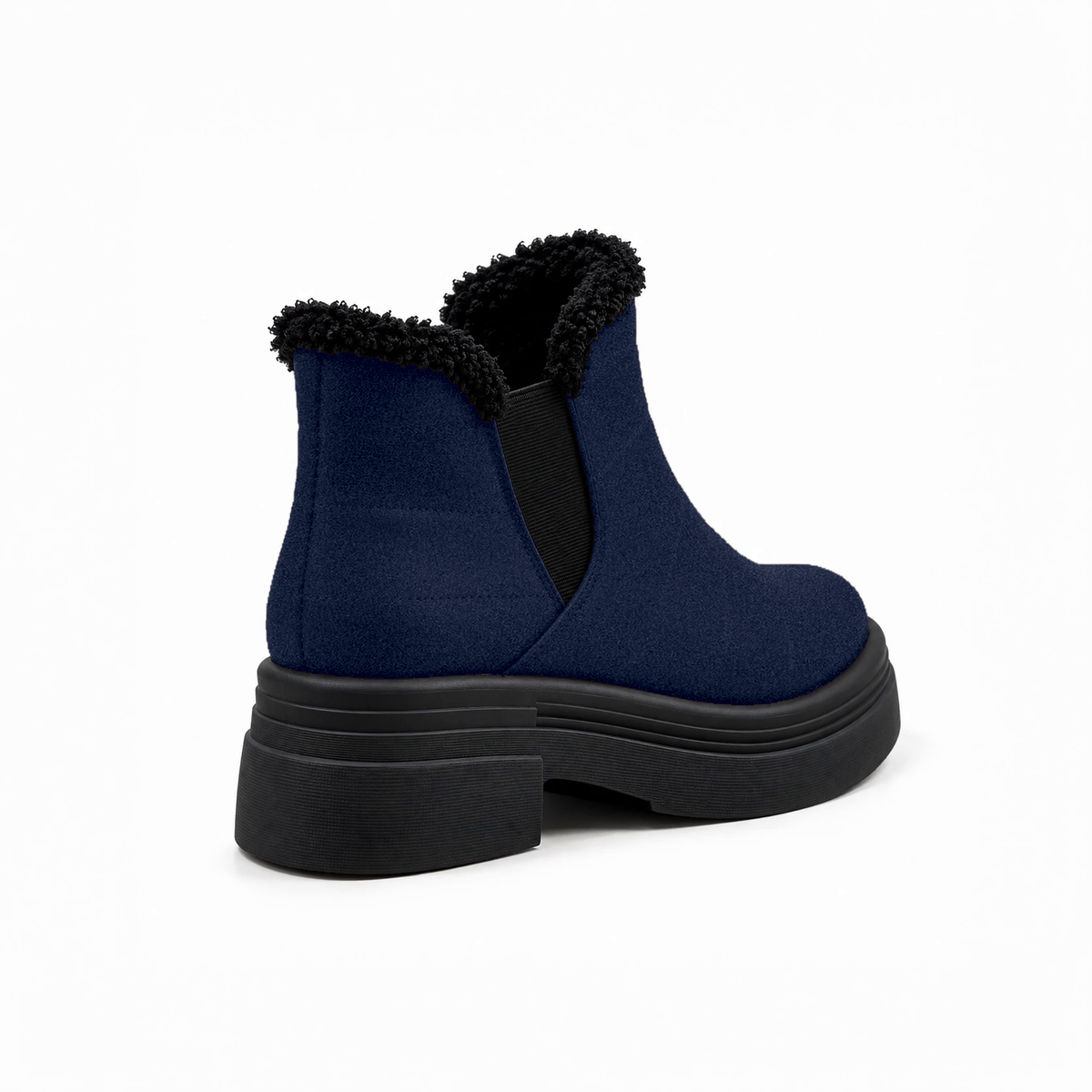 Navy Suede Teddy Puffer Boots back view – faux-fur collar – ECADRA
