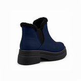Navy Suede Teddy Puffer Boots back view – faux-fur collar – ECADRA