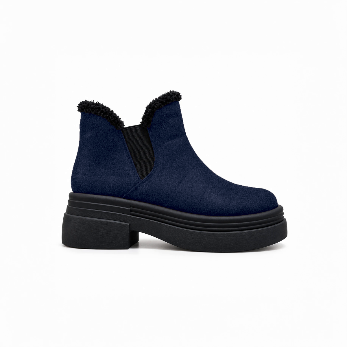 Navy Suede Teddy Puffer Boots side view – chunky platform sole – ECADRA