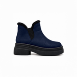Navy Suede Teddy Puffer Boots side view – chunky platform sole – ECADRA