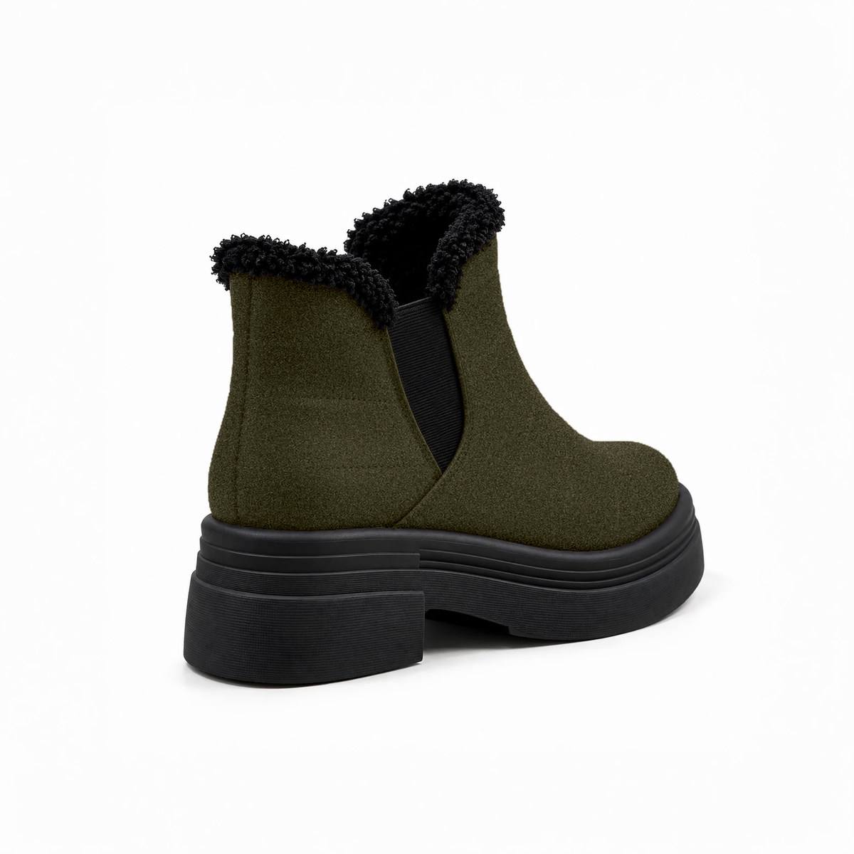 Olive Suede Teddy Puffer Boots back view – faux-fur collar – ECADRA