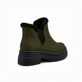 Olive Suede Teddy Puffer Boots back view – faux-fur collar – ECADRA