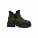 Olive Suede Teddy Puffer Boots side view – chunky platform sole – ECADRA