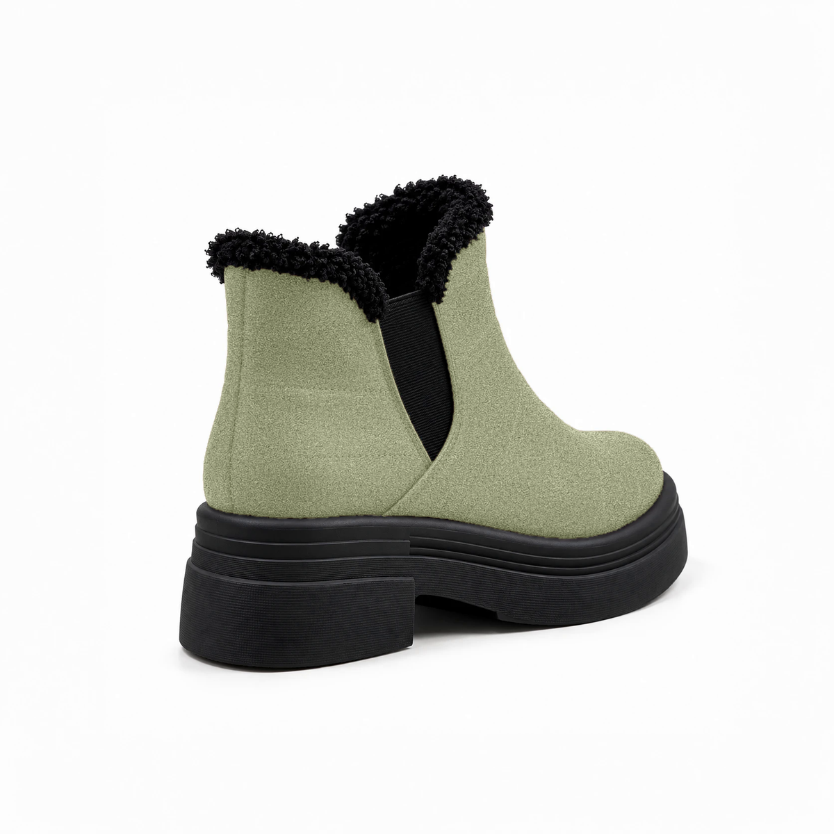 Pistachio Suede Teddy Puffer Boots back view – faux-fur collar – ECADRA