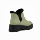 Pistachio Suede Teddy Puffer Boots back view – faux-fur collar – ECADRA