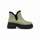 Pistachio Suede Teddy Puffer Boots side view – chunky platform sole – ECADRA