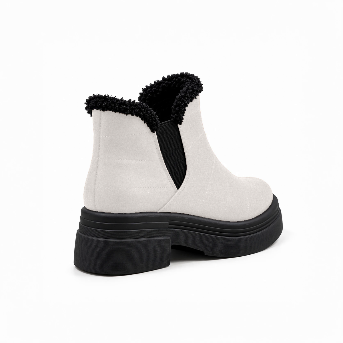 White Suede Teddy Puffer Boots back view – faux-fur collar – ECADRA