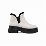 White Suede Teddy Puffer Boots side view – chunky platform sole – ECADRA