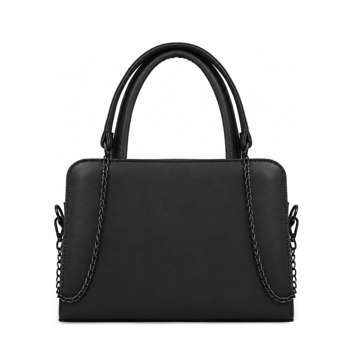 Chic Chain Accent Handbag Black – شنطة يد حريمي بسلسلة جلد صناعي أسود، من قدام – ECADRA