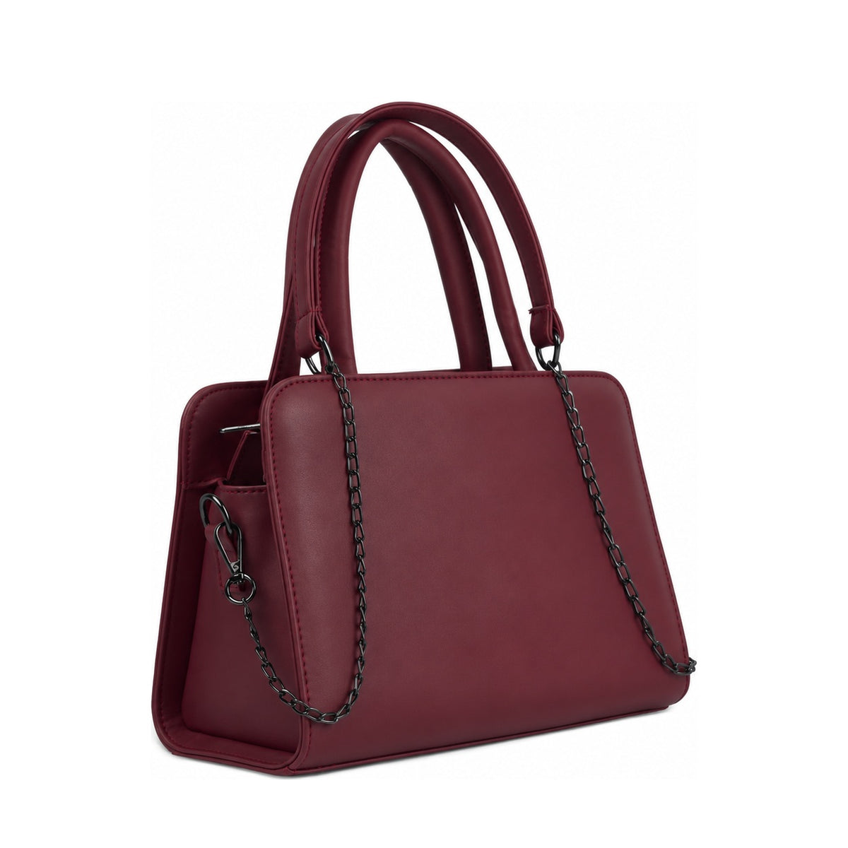 Chic Chain Accent Handbag Burgundy – شنطة يد حريمي بسلسلة جلد صناعي نبيتي، مايلة – ECADRA
