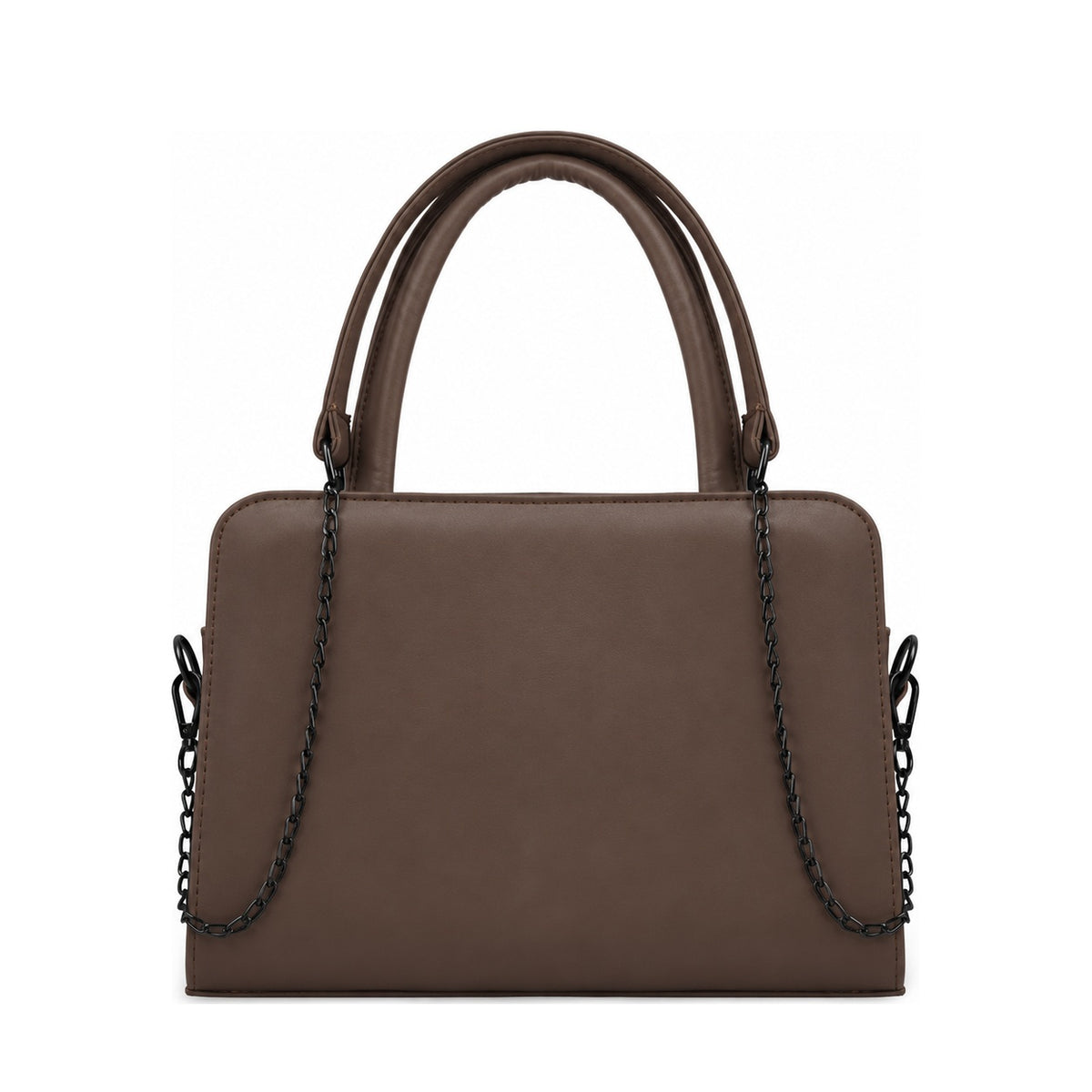 Chic Chain Accent Handbag Chocolate Brown – شنطة يد حريمي بسلسلة جلد صناعي بني شوكولاتة، من قدام – ECADRA
