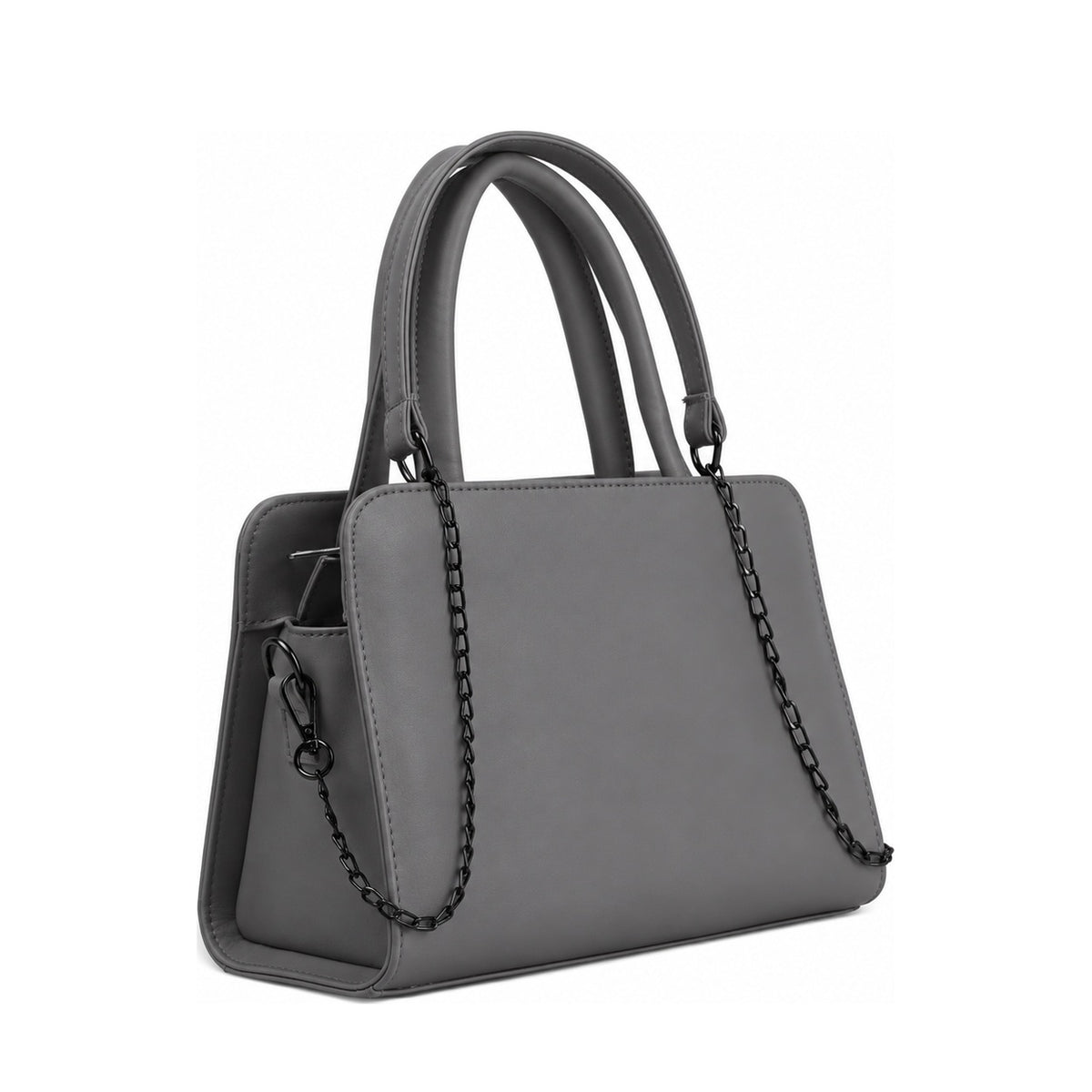 Chic Chain Accent Handbag Grey – شنطة يد حريمي بسلسلة جلد صناعي رمادي، مايلة – ECADRA