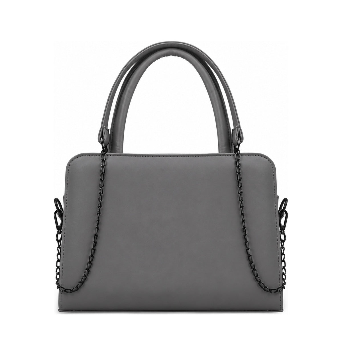 Chic Chain Accent Handbag Grey – شنطة يد حريمي بسلسلة جلد صناعي رمادي، من قدام – ECADRA