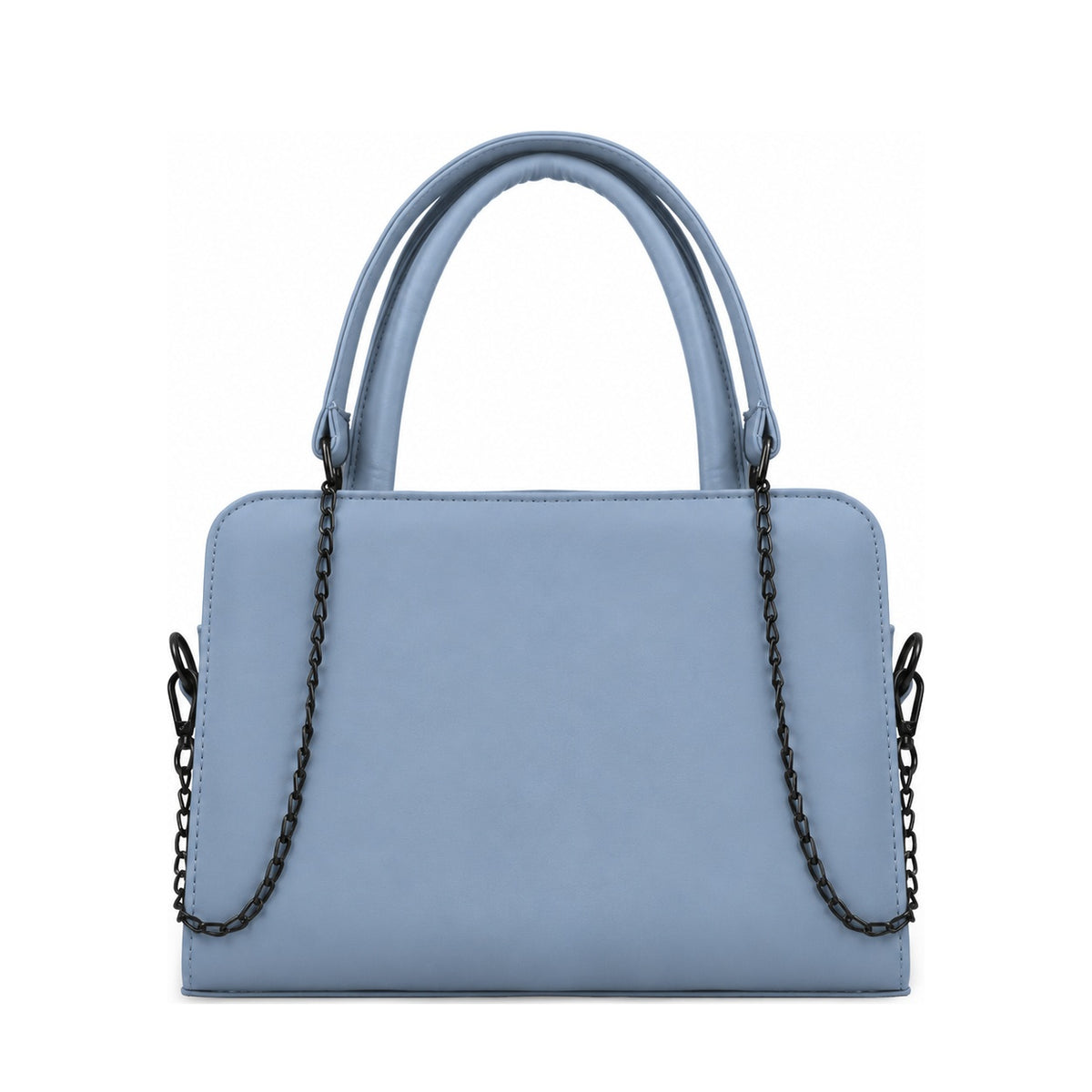 Chic Chain Accent Handbag Light Blue – شنطة يد حريمي بسلسلة جلد صناعي بيبي بلو، من قدام – ECADRA