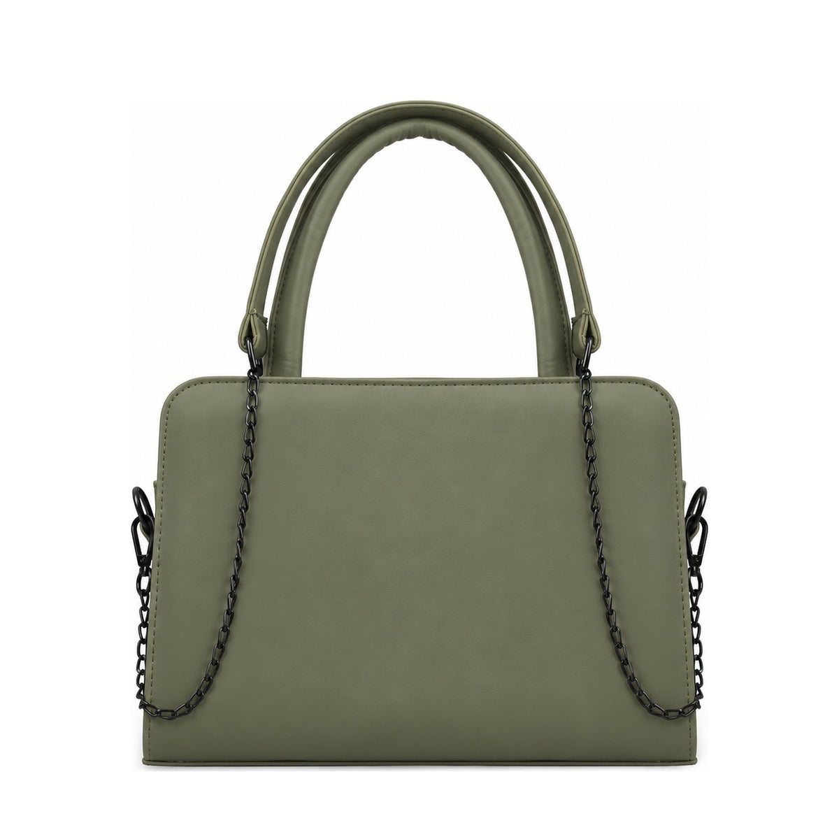 Chic Chain Accent Handbag Olive – شنطة يد حريمي بسلسلة جلد صناعي زيتي، من قدام – ECADRA