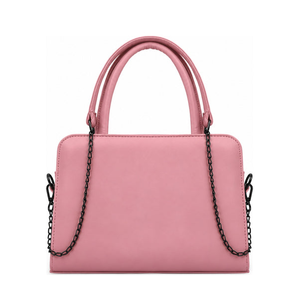 Chic Chain Accent Handbag Rose – شنطة يد حريمي بسلسلة جلد صناعي روز، من قدام – ECADRA