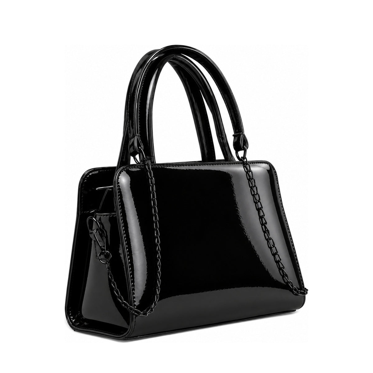 Chic Chain Accent Handbag Black – شنطة يد حريمي بسلسلة جلد لامع أسود، مايلة – ECADRA