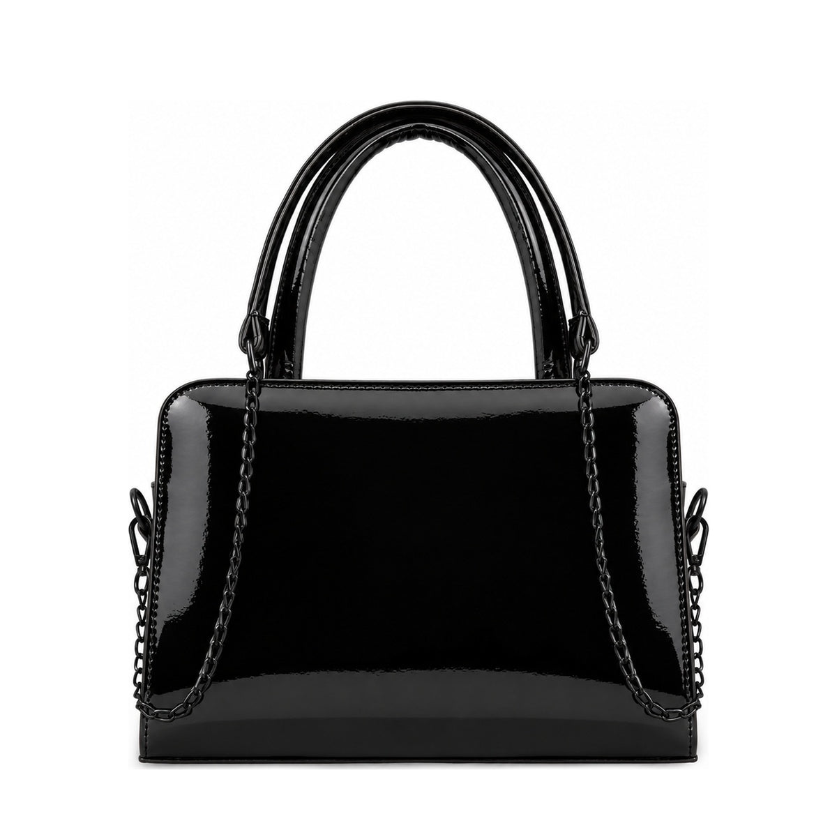 Chic Chain Accent Handbag Black – شنطة يد حريمي بسلسلة جلد لامع أسود، من قدام – ECADRA