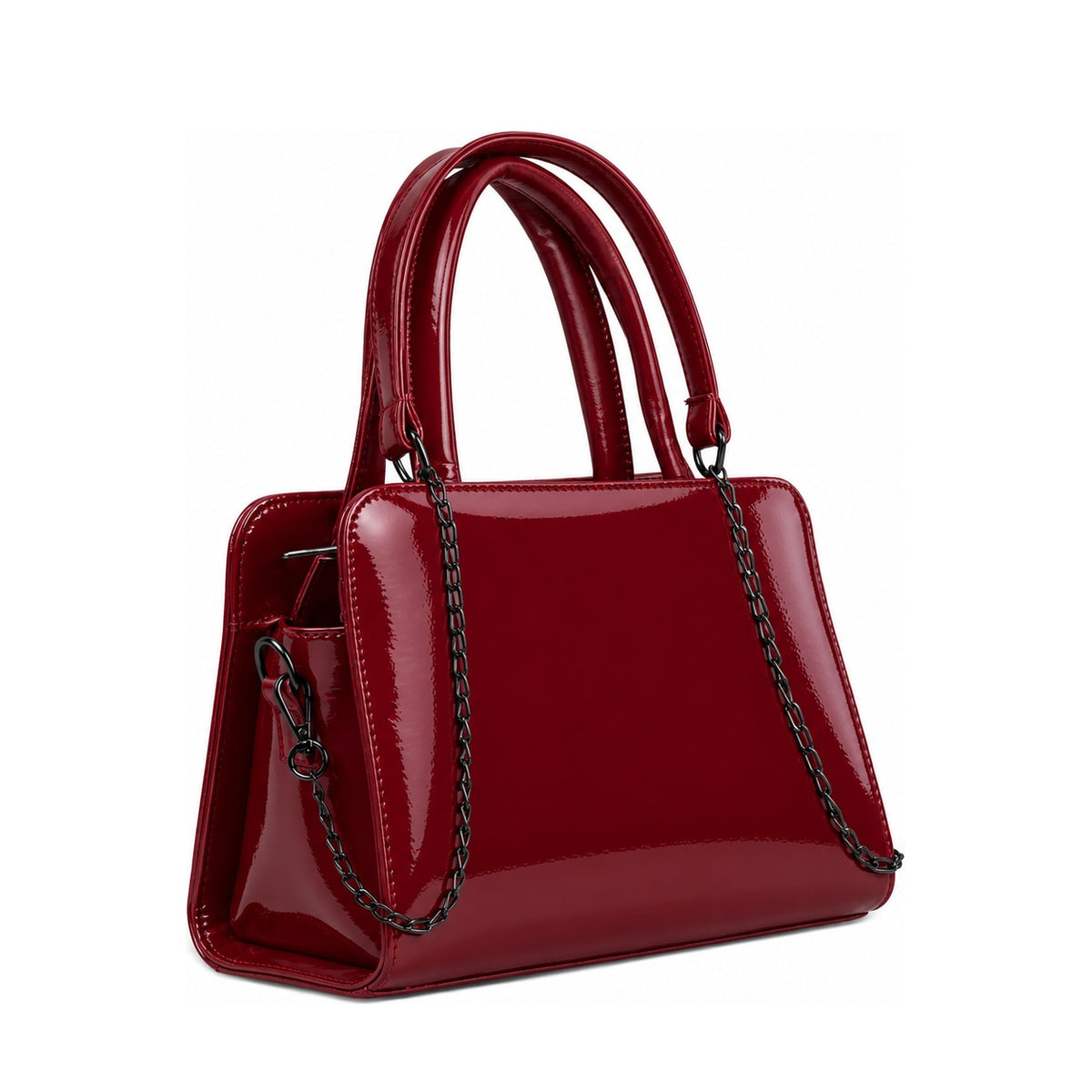 Chic Chain Accent Handbag Burgundy – شنطة يد حريمي بسلسلة جلد لامع نبيتي، مايلة – ECADRA
