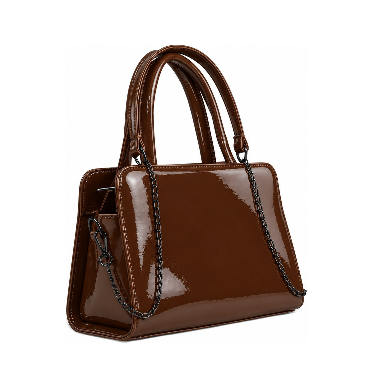 Chic Chain Accent Handbag Chocolate – شنطة يد حريمي بسلسلة جلد لامع شوكولاتة، مايلة – ECADRA