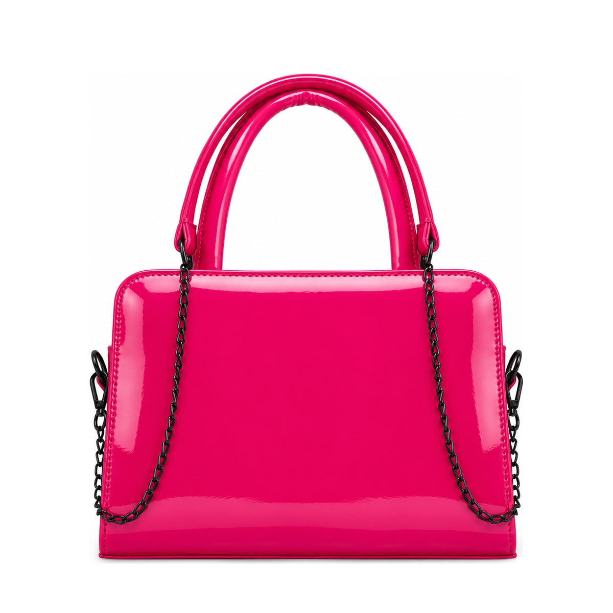 Chic Chain Accent Handbag Fuchsia – شنطة يد حريمي بسلسلة جلد لامع فوشيا، من قدام – ECADRA