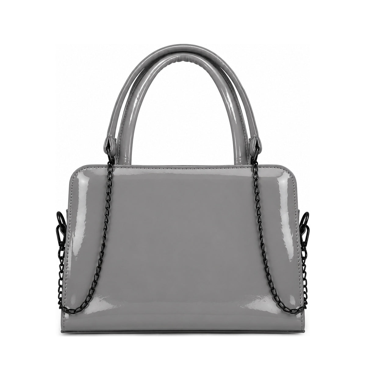 Chic Chain Accent Handbag Gray – شنطة يد حريمي بسلسلة جلد لامع رمادي، من قدام – ECADRA