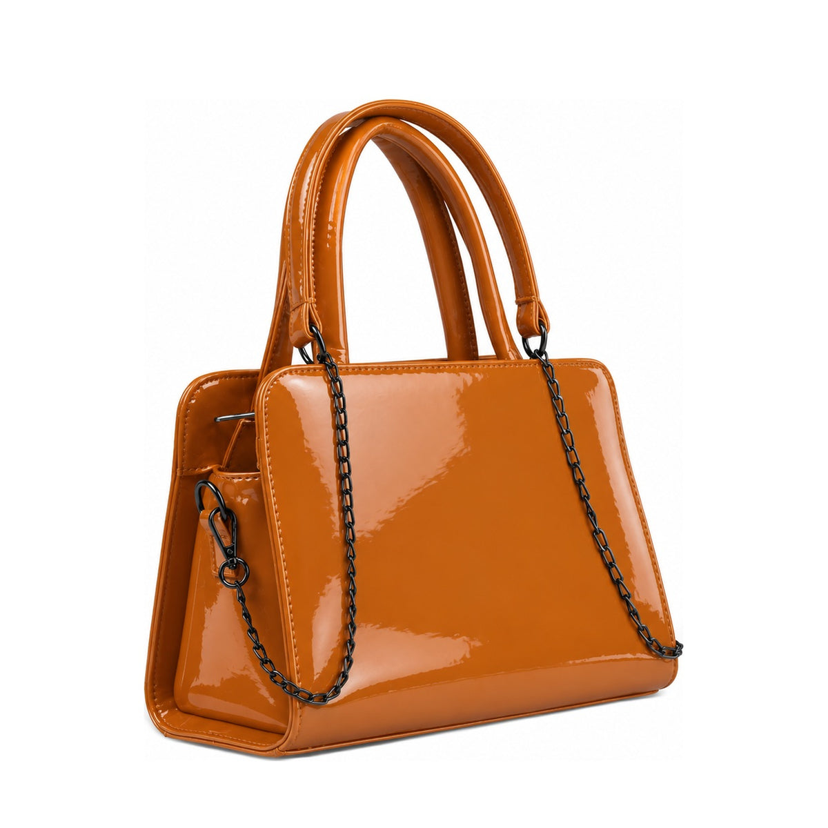 Chic Chain Accent Handbag Havana – شنطة يد حريمي بسلسلة جلد لامع هافانا، مايلة – ECADRA