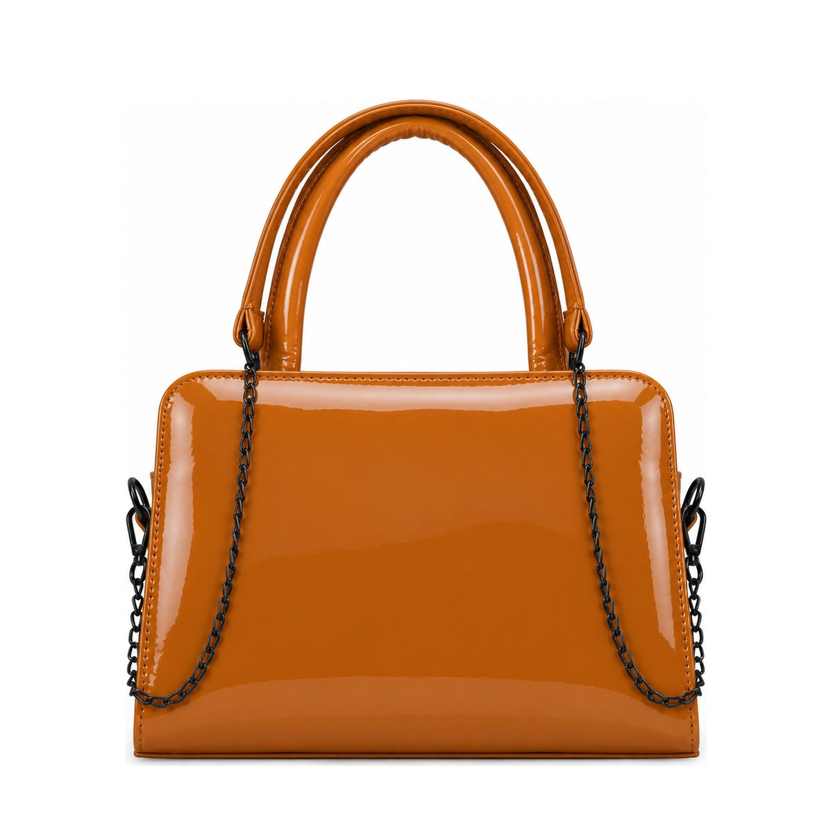 Chic Chain Accent Handbag Havana – شنطة يد حريمي بسلسلة جلد لامع هافانا، من قدام – ECADRA