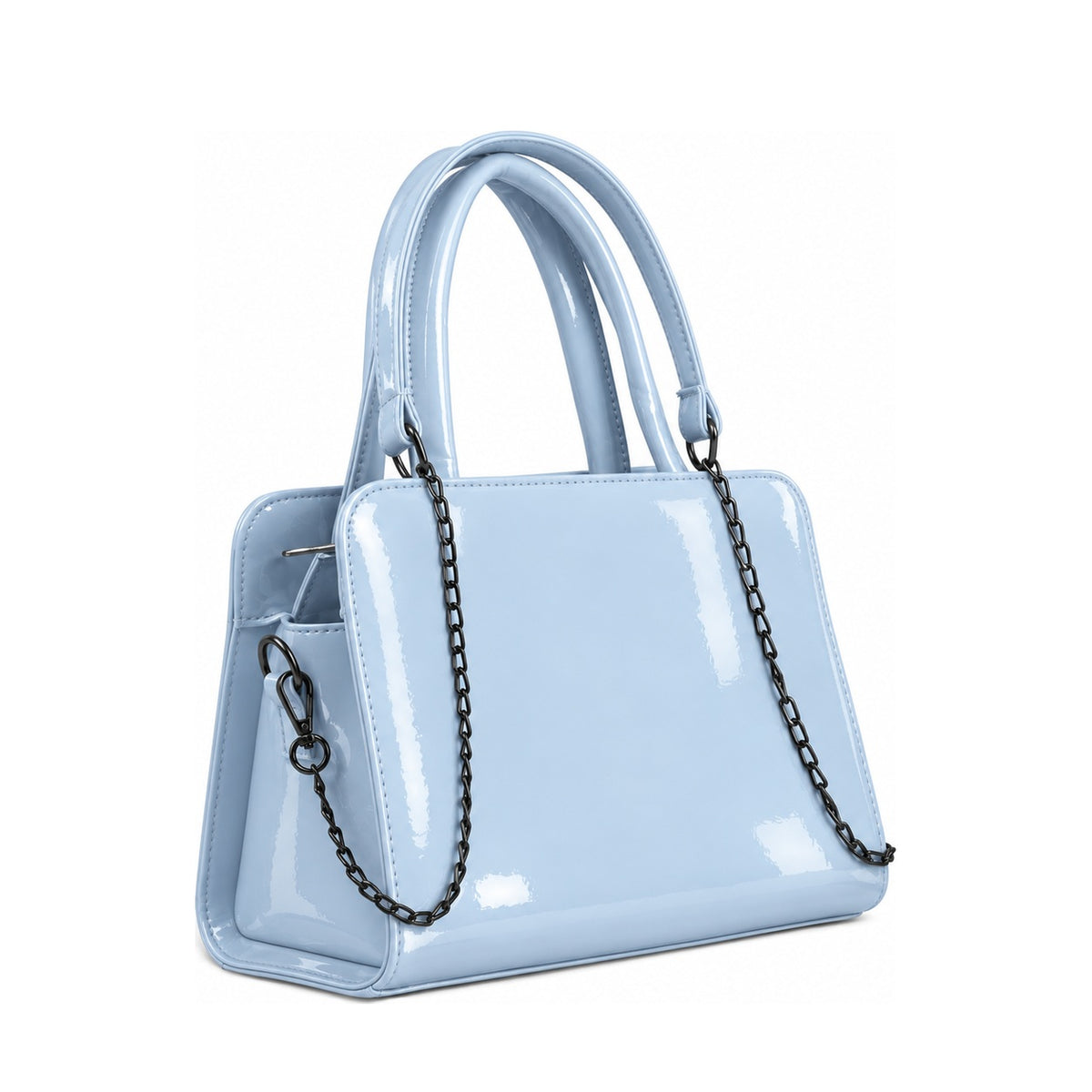 Chic Chain Accent Handbag Light Blue – شنطة يد حريمي بسلسلة جلد لامع بيبي بلو، مايلة – ECADRA