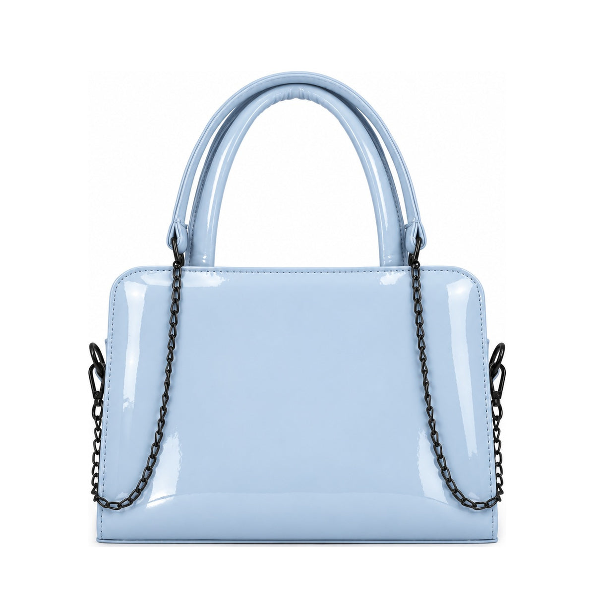 Chic Chain Accent Handbag Light Blue – شنطة يد حريمي بسلسلة جلد لامع بيبي بلو، من قدام – ECADRA