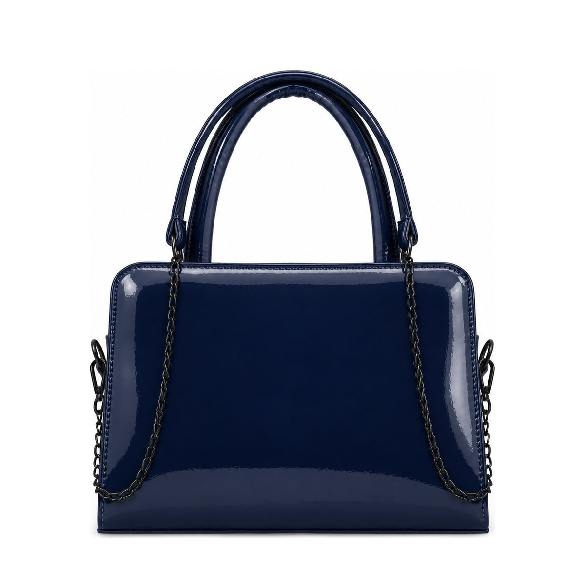 Chic Chain Accent Handbag Navy – شنطة يد حريمي بسلسلة جلد لامع كحلي، من قدام – ECADRA