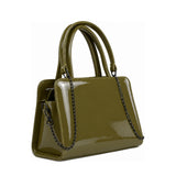 Chic Chain Accent Handbag Olive – شنطة يد حريمي بسلسلة جلد لامع زيتي، مايلة – ECADRA
