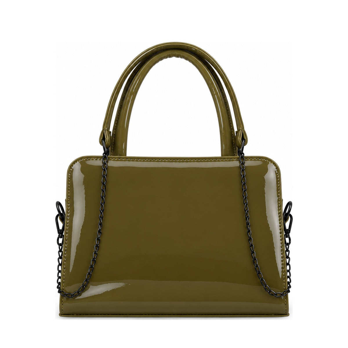 Chic Chain Accent Handbag Olive – شنطة يد حريمي بسلسلة جلد لامع زيتي، من قدام – ECADRA