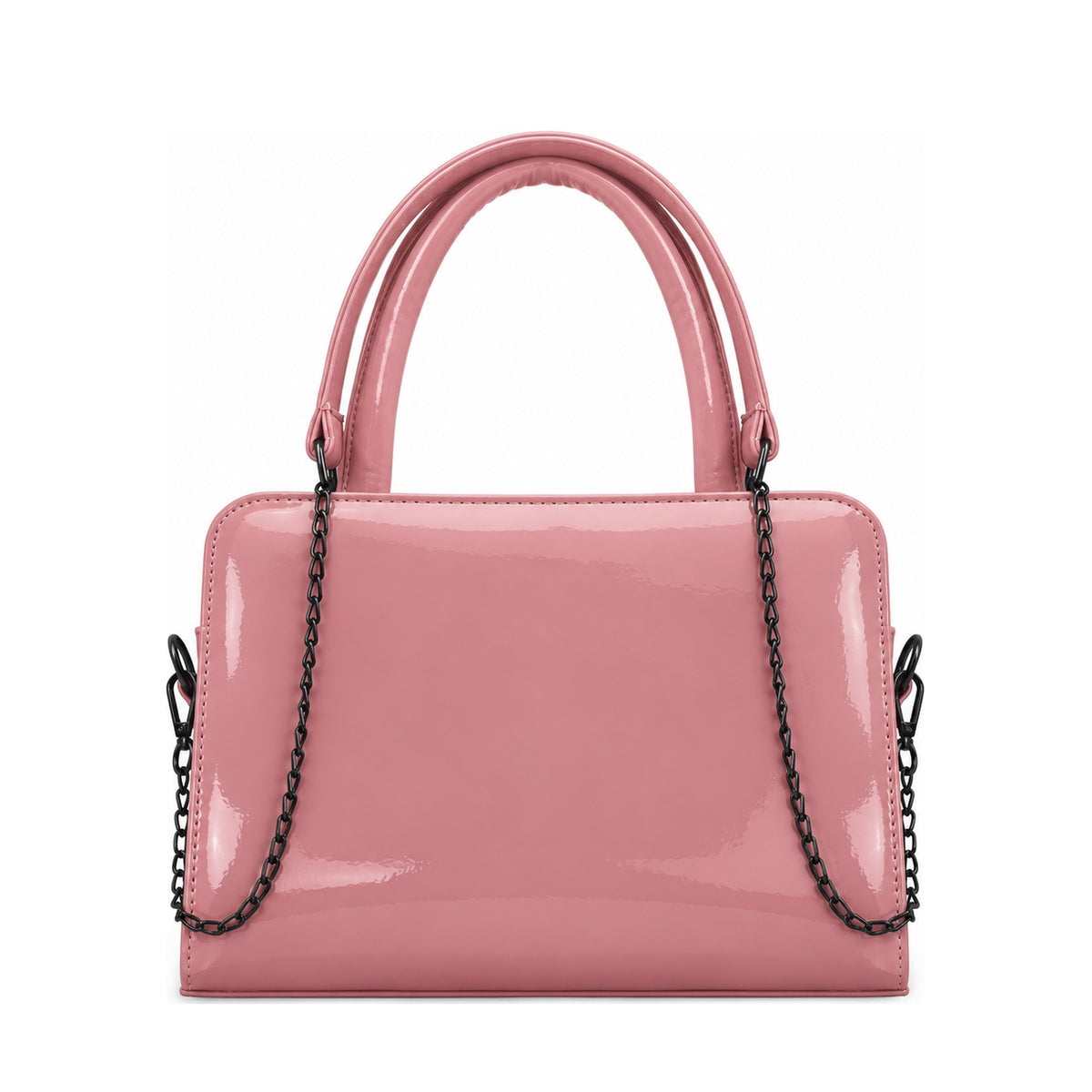 Chic Chain Accent Handbag Rose – شنطة يد حريمي بسلسلة جلد لامع روز، من قدام – ECADRA