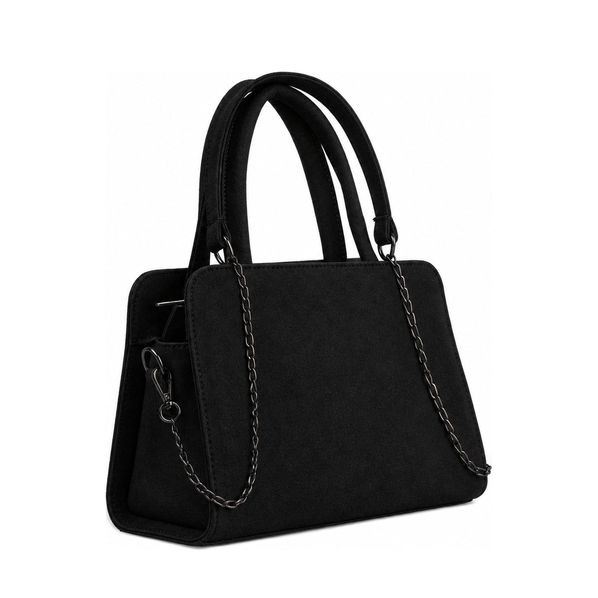 Chic Chain Accent Handbag Black – شنطة يد حريمي بسلسلة شمواه صناعي أسود، مايلة – ECADRA