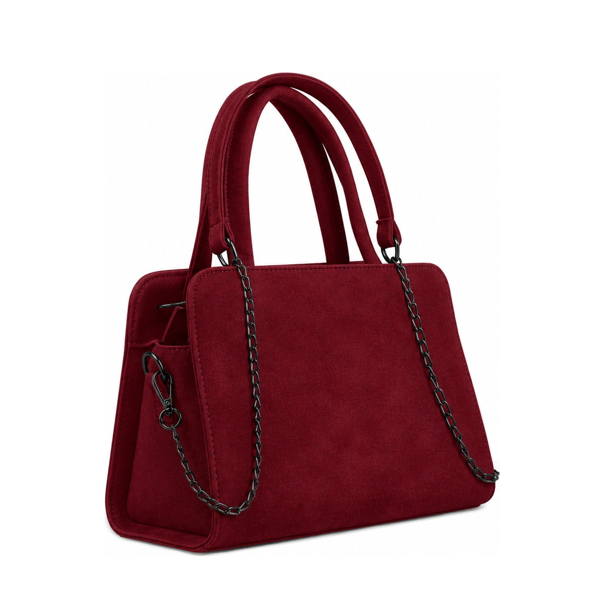Chic Chain Accent Handbag Burgundy – شنطة يد حريمي بسلسلة شمواه صناعي نبيتي، مايلة – ECADRA