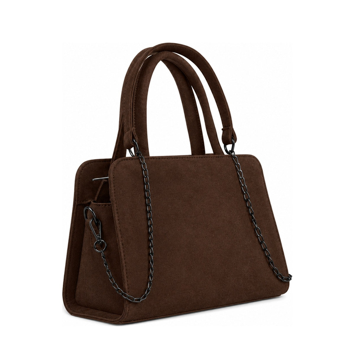 Chic Chain Accent Handbag Chocolate – شنطة يد حريمي بسلسلة شمواه صناعي شوكولاتة، مايلة – ECADRA
