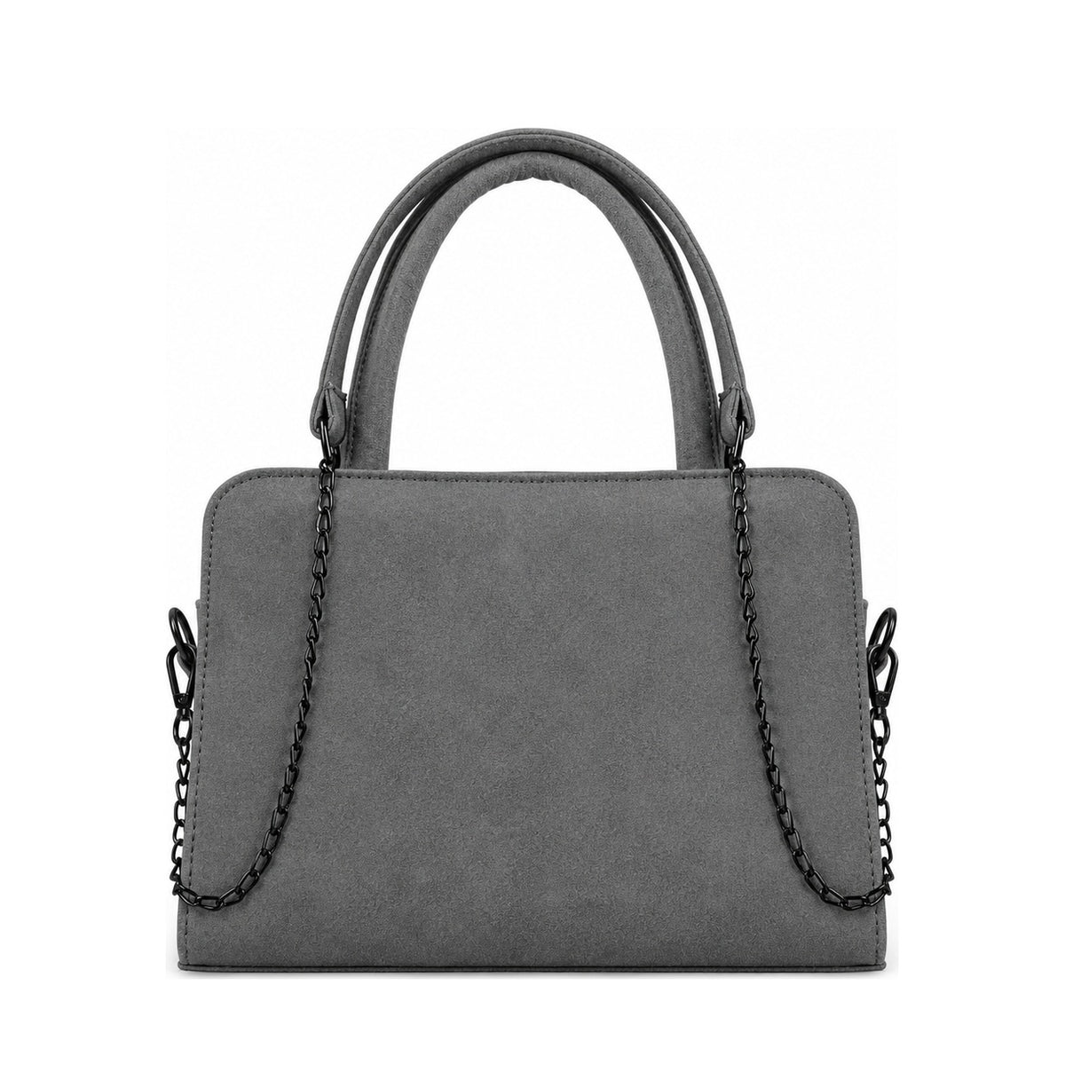 Chic Chain Accent Handbag Gray – شنطة يد حريمي بسلسلة شمواه صناعي رمادي، من قدام – ECADRA
