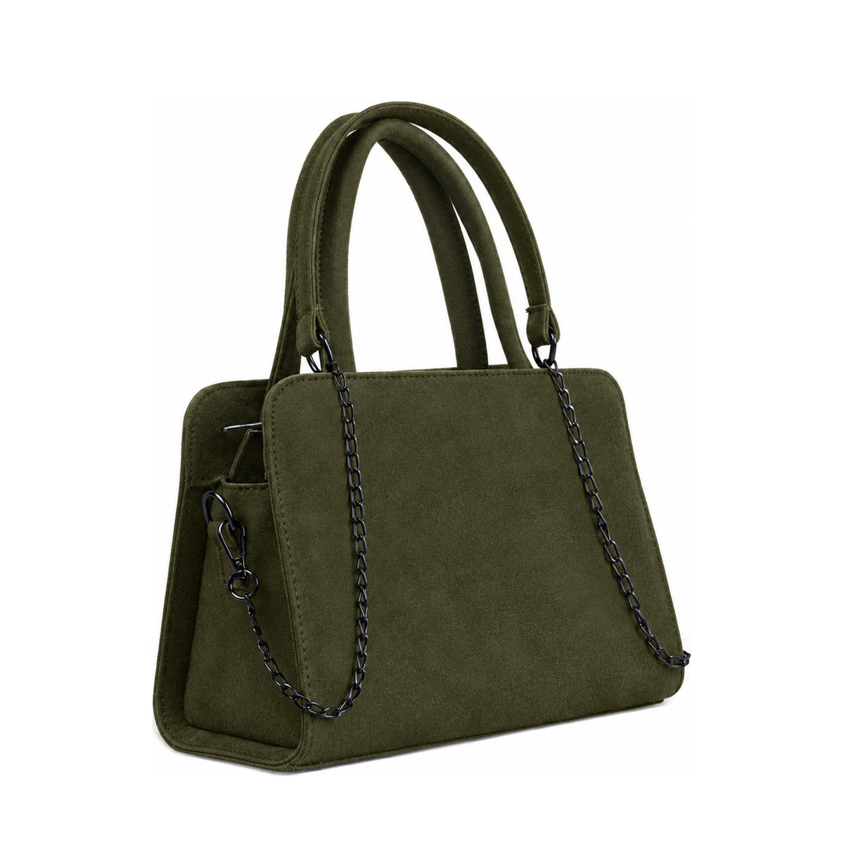 Chic Chain Accent Handbag Olive – شنطة يد حريمي بسلسلة شمواه صناعي زيتي، مايلة – ECADRA