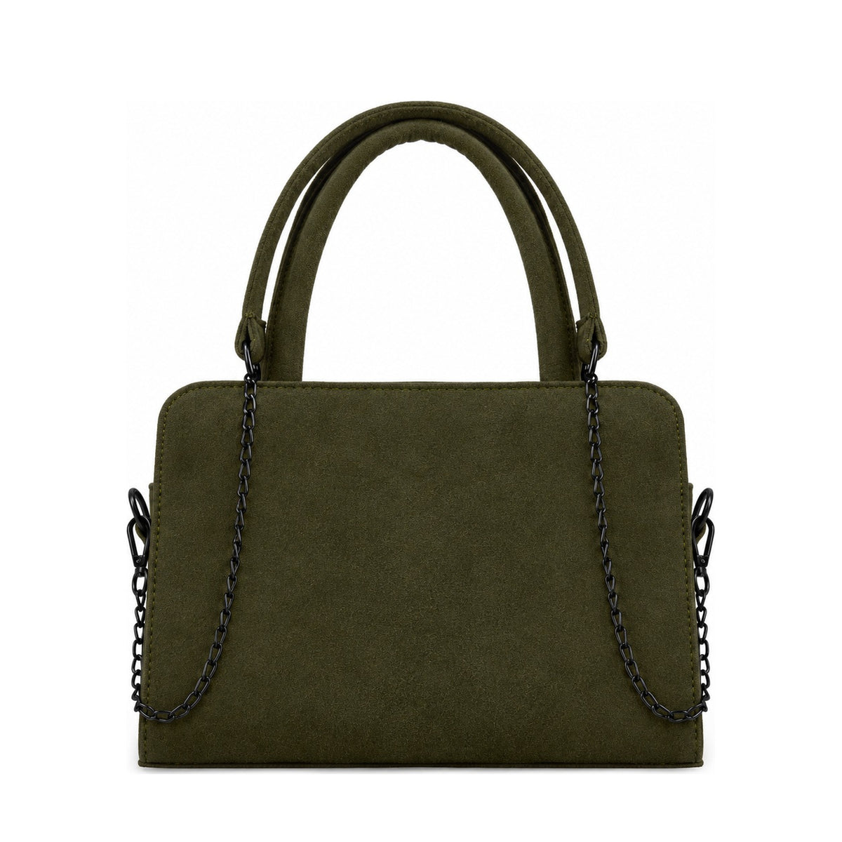 Chic Chain Accent Handbag Olive – شنطة يد حريمي بسلسلة شمواه صناعي زيتي، من قدام – ECADRA