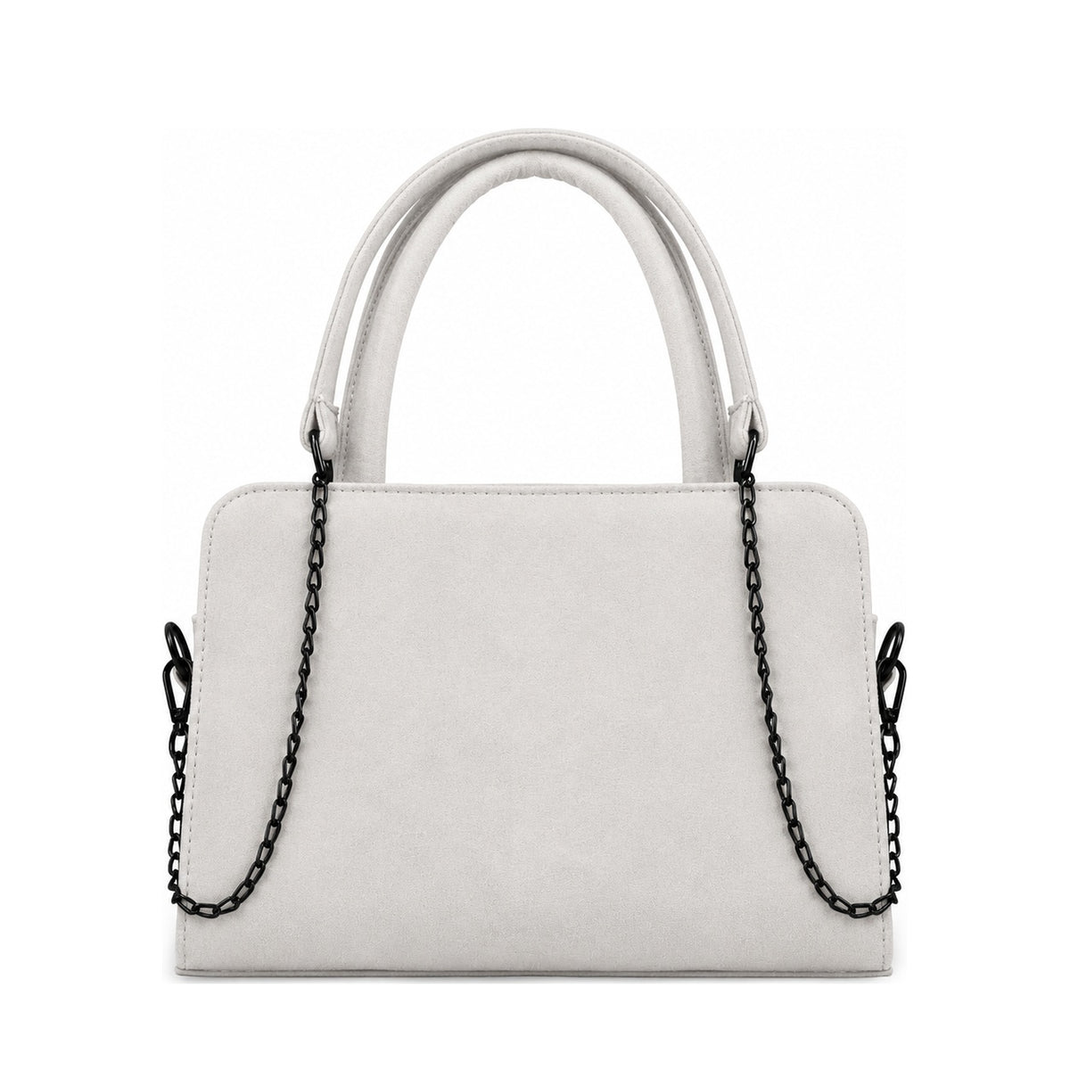 Chic Chain Accent Handbag White – شنطة يد حريمي بسلسلة شمواه صناعي أبيض، من قدام – ECADRA
