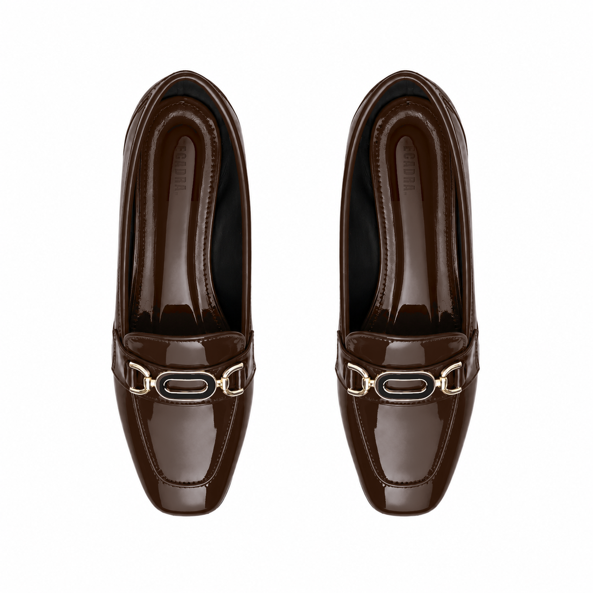 Chocolate Chain Loafers – Step Into Your Power – glossy chocolate brown loafers with gold chain, top view – ECADRA